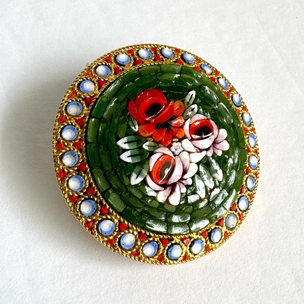 Vintage Micro Mosaic Brooch Green Rose Pin Signed Italy Italian Florentine - Picture 5 of 10